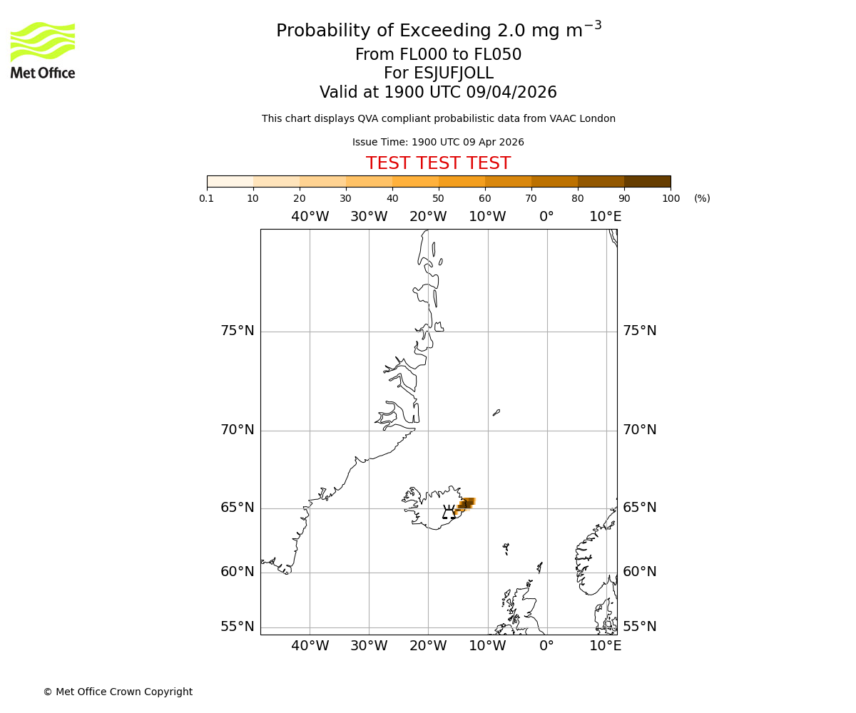 Probability of exceeding 2.0 milligrams per metre cubed. From 000 to 050 for ESJUFJOLL. Valid at 1900 UTC 09/04/2026
