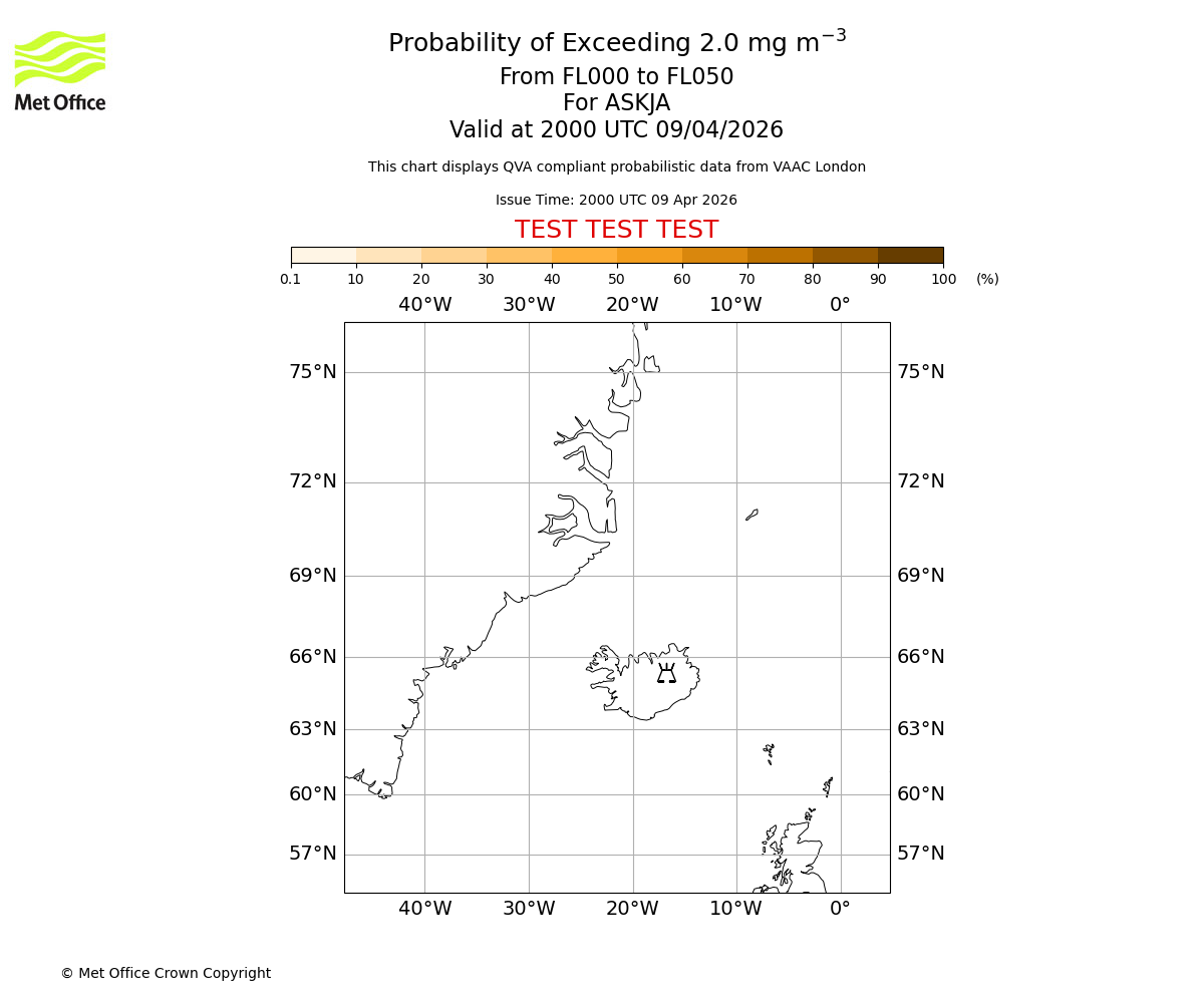 Probability of exceeding 2.0 milligrams per metre cubed. From 000 to 050 for ASKJA. Valid at 2000 UTC 09/04/2026