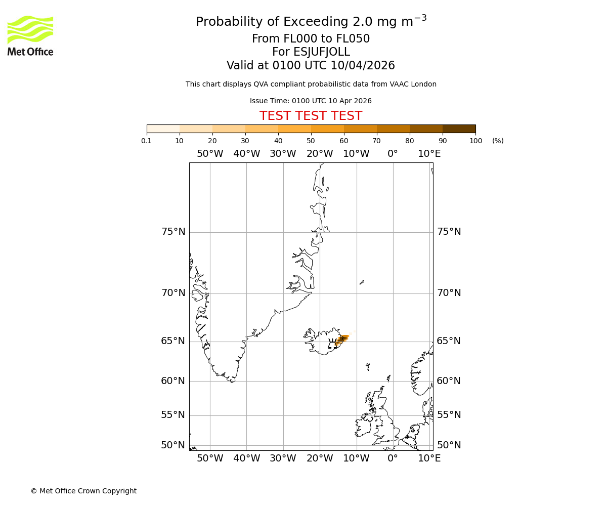 Probability of exceeding 2.0 milligrams per metre cubed. From 000 to 050 for ESJUFJOLL. Valid at 0100 UTC 10/04/2026
