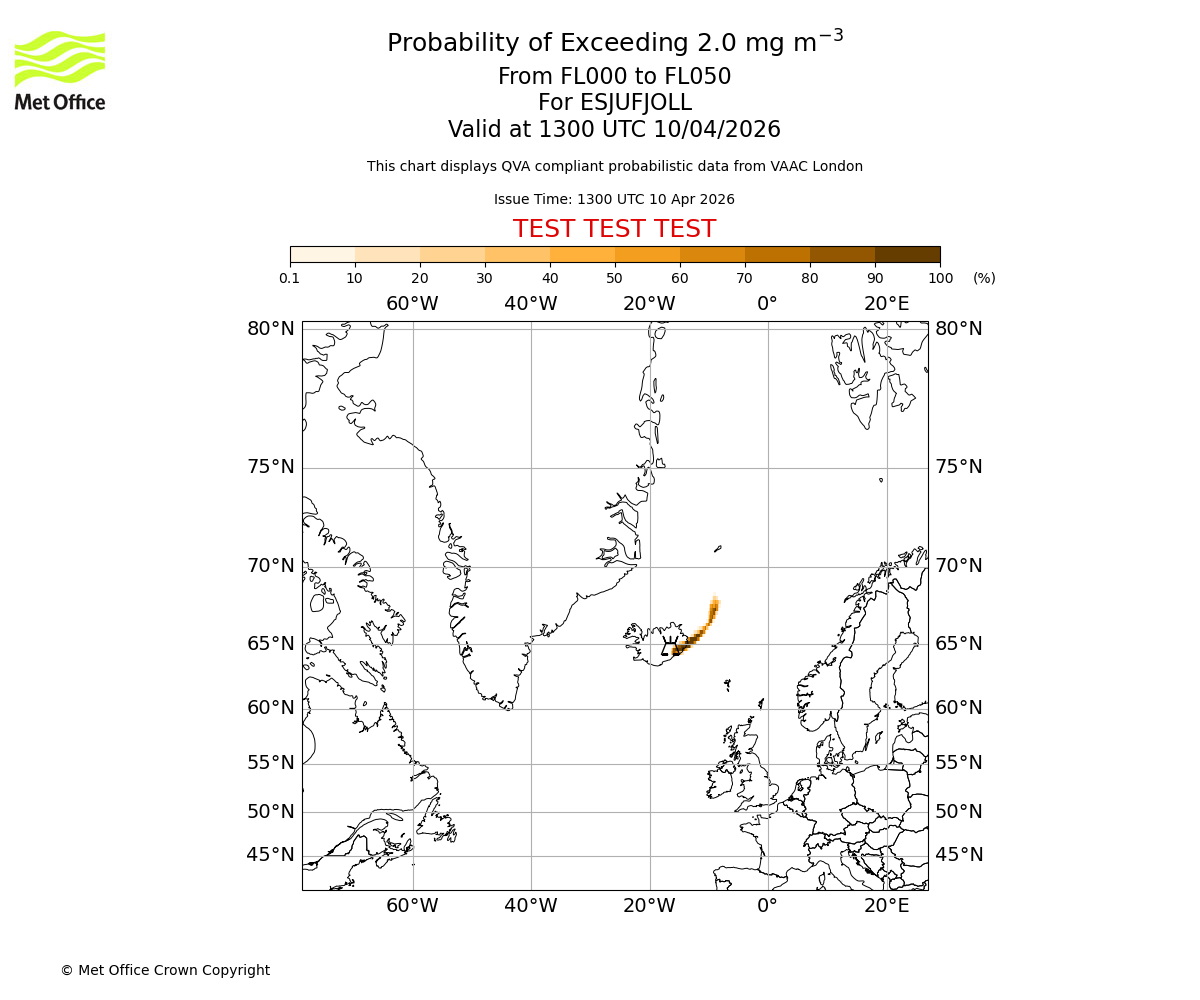 Probability of exceeding 2.0 milligrams per metre cubed. From 000 to 050 for ESJUFJOLL. Valid at 1300 UTC 10/04/2026