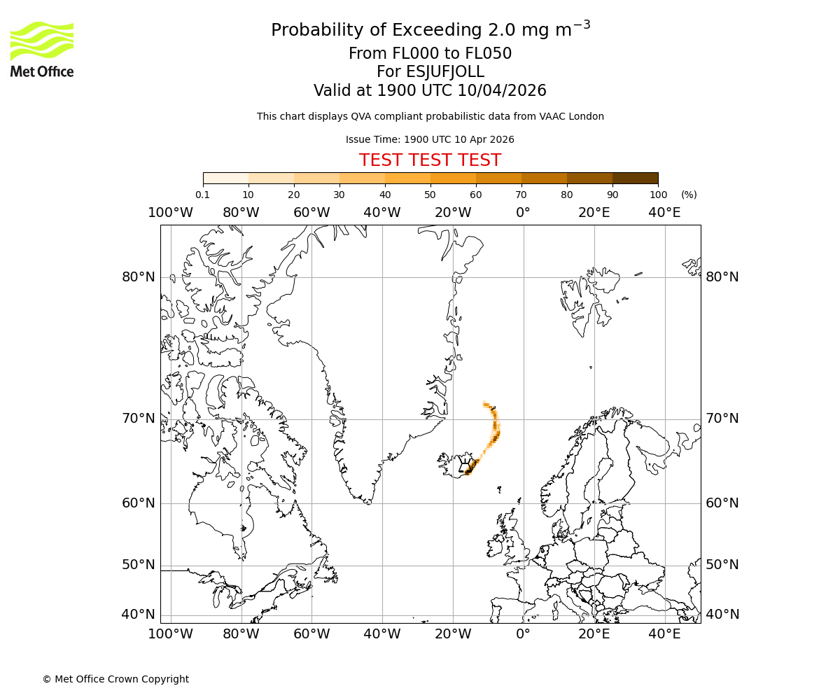 Probability of exceeding 2.0 milligrams per metre cubed. From 000 to 050 for ESJUFJOLL. Valid at 1900 UTC 10/04/2026