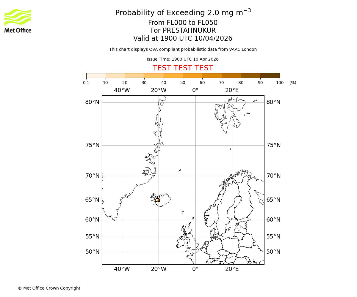 Probability of exceeding 2.0 milligrams per metre cubed. From 000 to 050 for PRESTAHNUKUR. Valid at 1900 UTC 10/04/2026