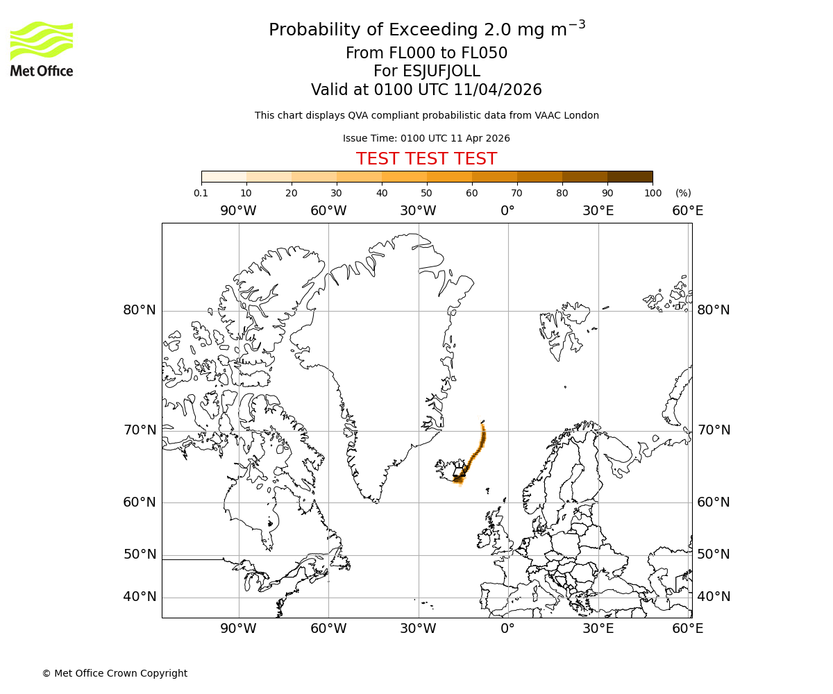 Probability of exceeding 2.0 milligrams per metre cubed. From 000 to 050 for ESJUFJOLL. Valid at 0100 UTC 11/04/2026