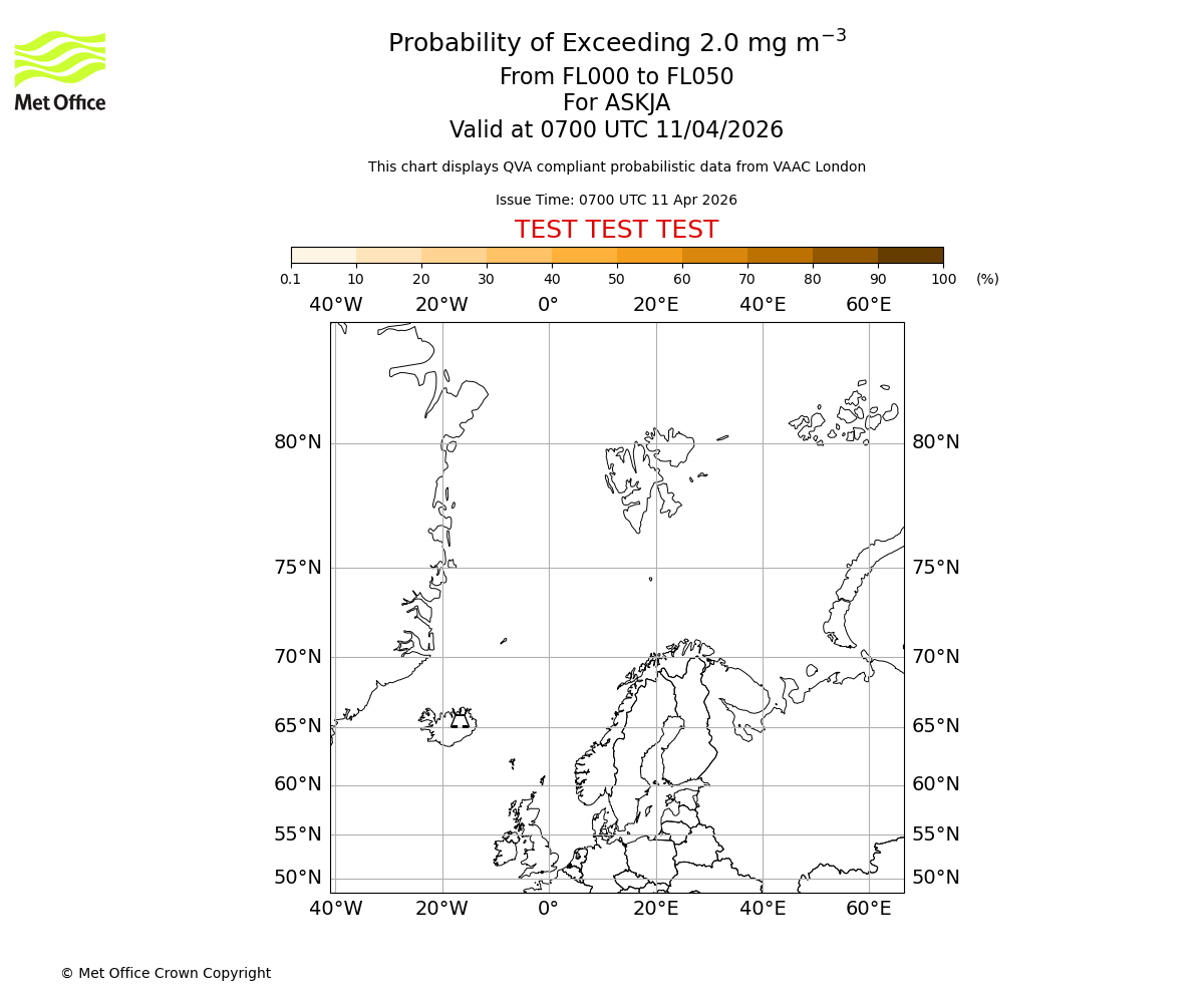 Probability of exceeding 2.0 milligrams per metre cubed. From 000 to 050 for ASKJA. Valid at 0700 UTC 11/04/2026