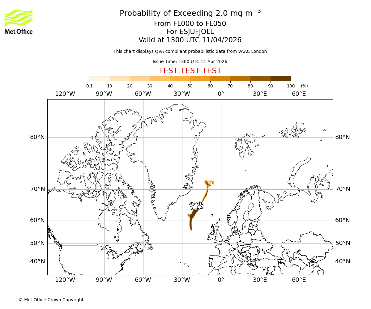 Probability of exceeding 2.0 milligrams per metre cubed. From 000 to 050 for ESJUFJOLL. Valid at 1300 UTC 11/04/2026
