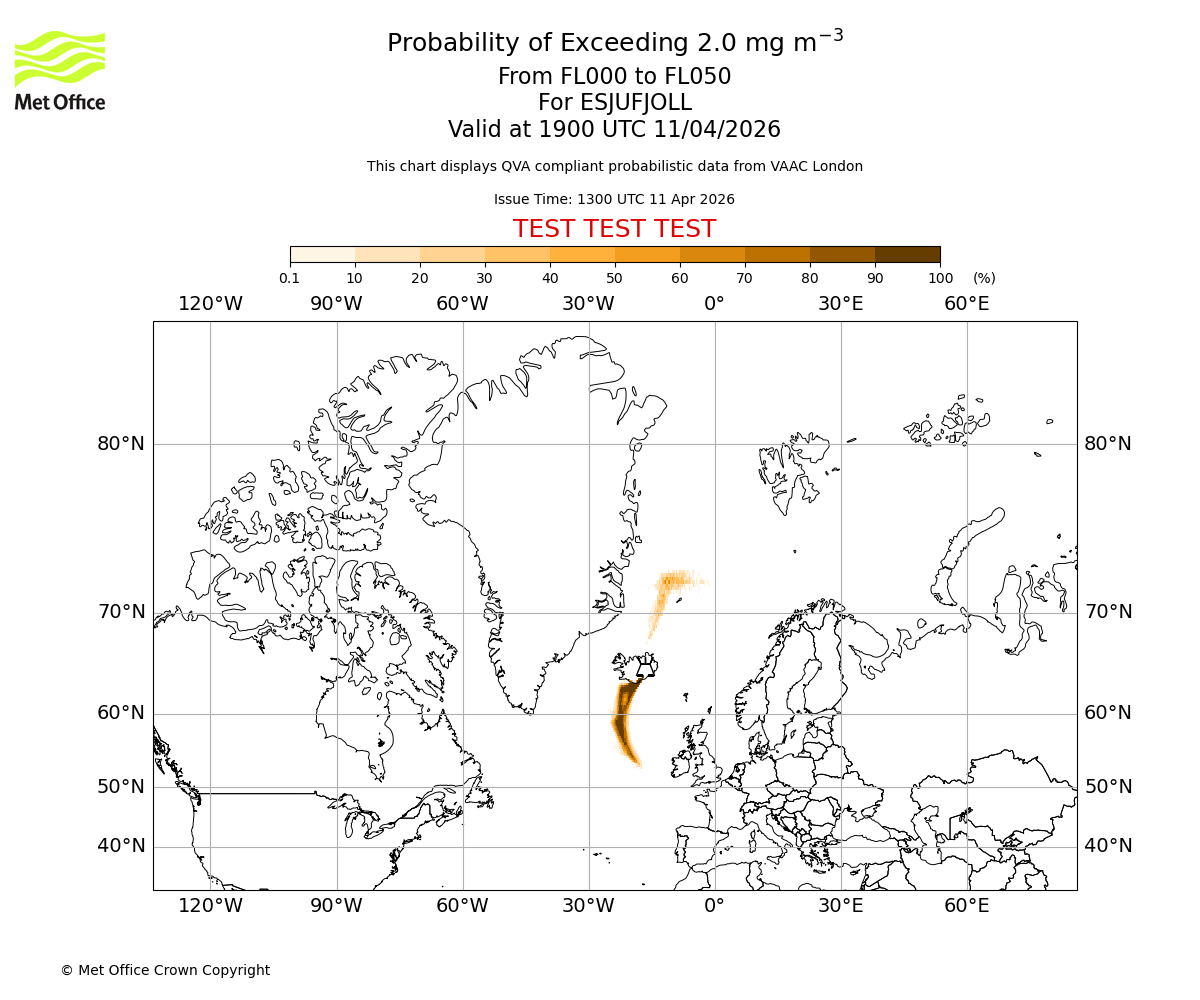 Probability of exceeding 2.0 milligrams per metre cubed. From 000 to 050 for ESJUFJOLL. Valid at 1900 UTC 11/04/2026