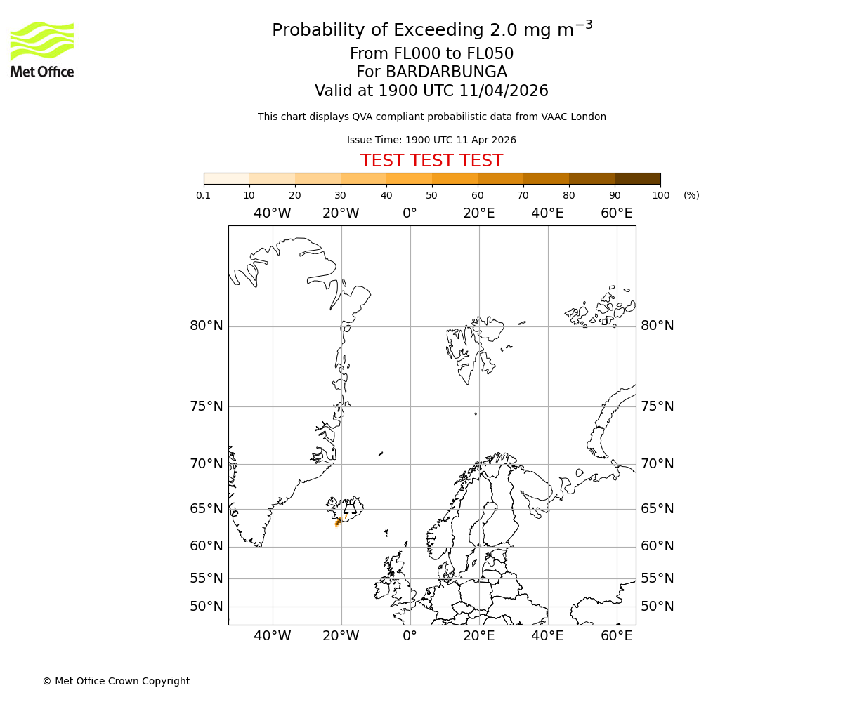 Probability of exceeding 2.0 milligrams per metre cubed. From 000 to 050 for BARDARBUNGA. Valid at 1900 UTC 11/04/2026