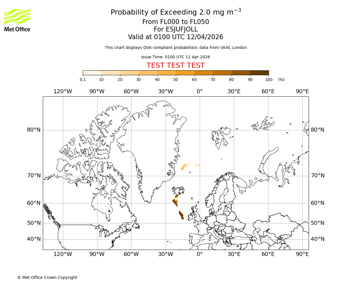 Probability of exceeding 2.0 milligrams per metre cubed. From 000 to 050 for ESJUFJOLL. Valid at 0100 UTC 12/04/2026