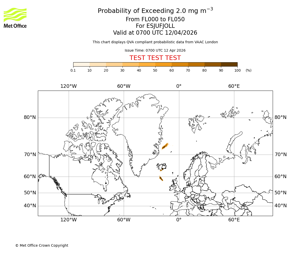 Probability of exceeding 2.0 milligrams per metre cubed. From 000 to 050 for ESJUFJOLL. Valid at 0700 UTC 12/04/2026