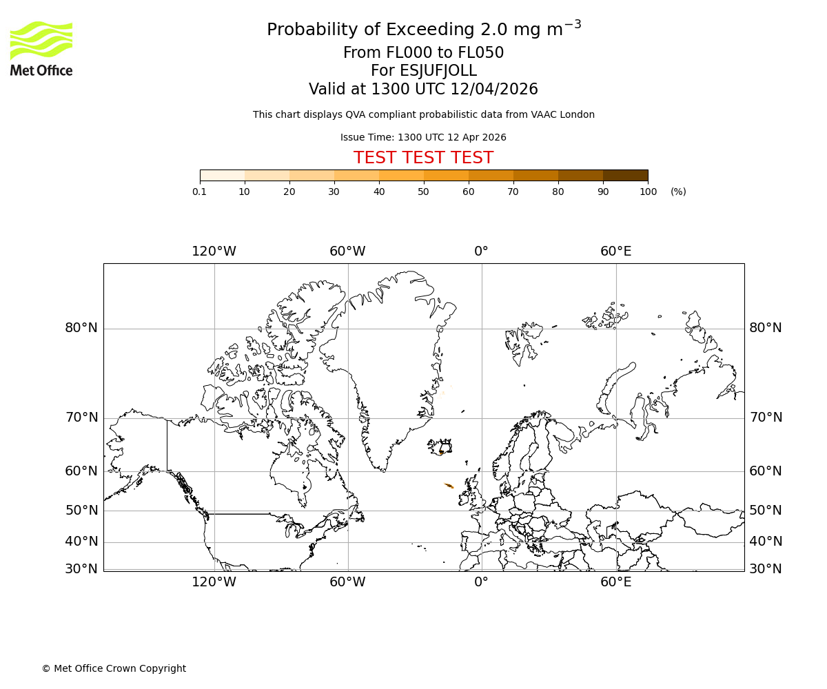 Probability of exceeding 2.0 milligrams per metre cubed. From 000 to 050 for ESJUFJOLL. Valid at 1300 UTC 12/04/2026