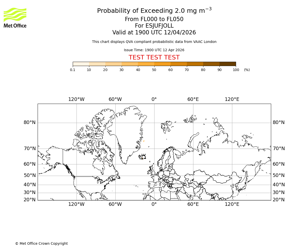 Probability of exceeding 2.0 milligrams per metre cubed. From 000 to 050 for ESJUFJOLL. Valid at 1900 UTC 12/04/2026
