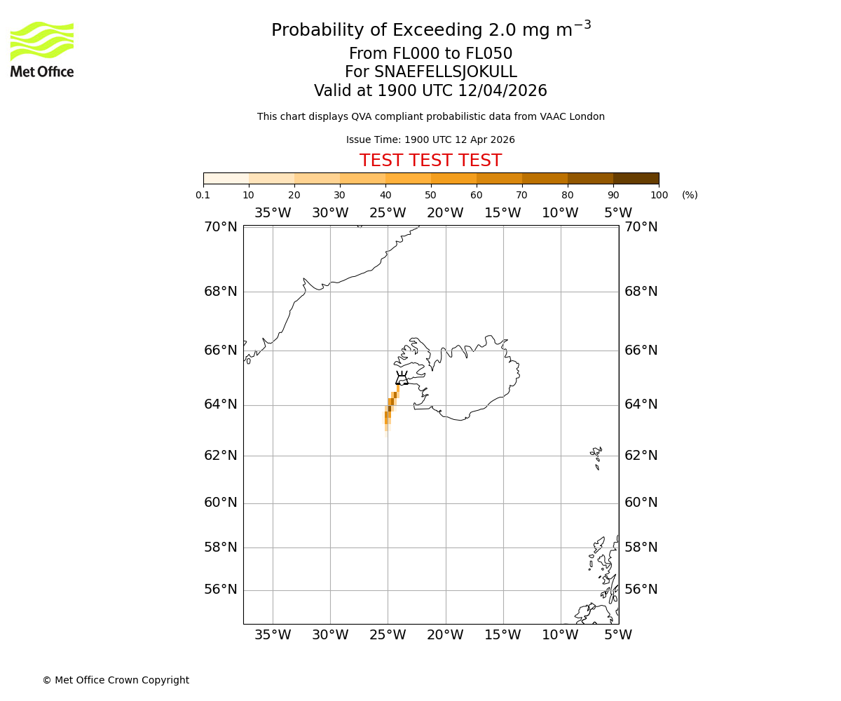 Probability of exceeding 2.0 milligrams per metre cubed. From 000 to 050 for SNAEFELLSJOKULL. Valid at 1900 UTC 12/04/2026