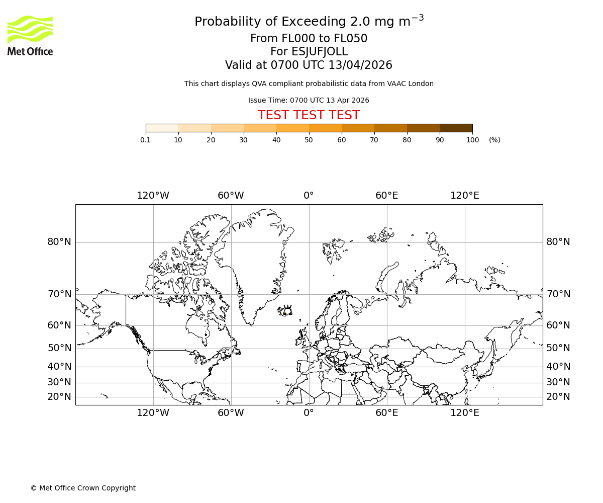 Probability of exceeding 2.0 milligrams per metre cubed. From 000 to 050 for ESJUFJOLL. Valid at 0700 UTC 13/04/2026