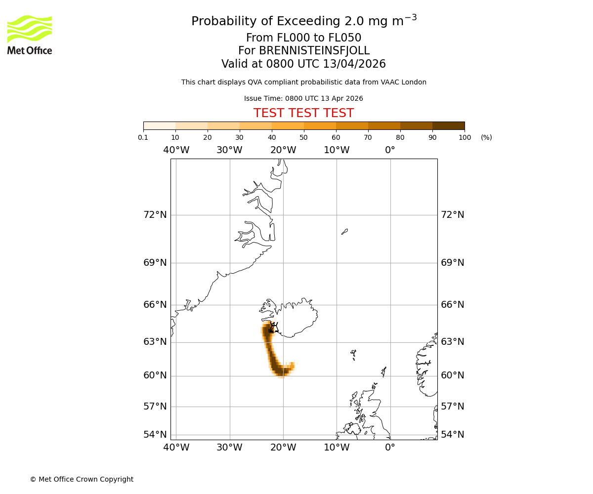 Probability of exceeding 2.0 milligrams per metre cubed. From 000 to 050 for BRENNISTEINSFJOLL. Valid at 0800 UTC 13/04/2026