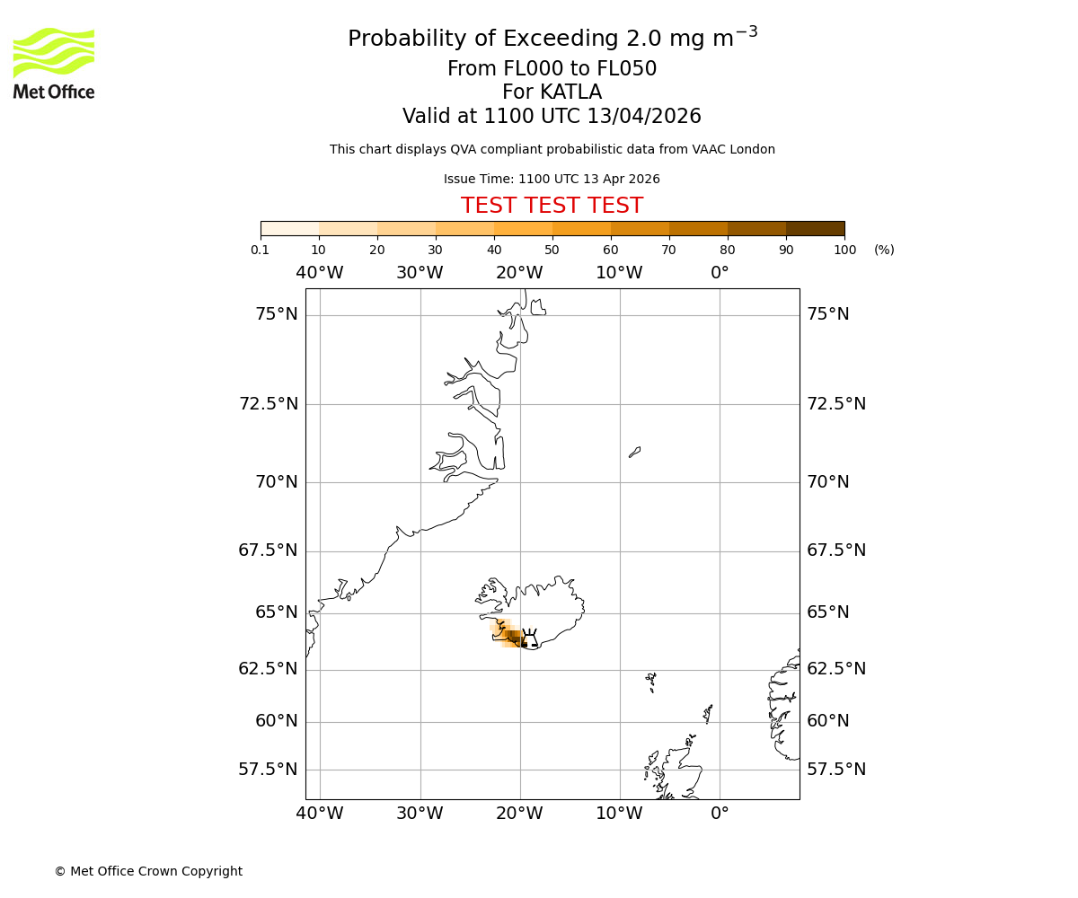 Probability of exceeding 2.0 milligrams per metre cubed. From 000 to 050 for KATLA. Valid at 1100 UTC 13/04/2026