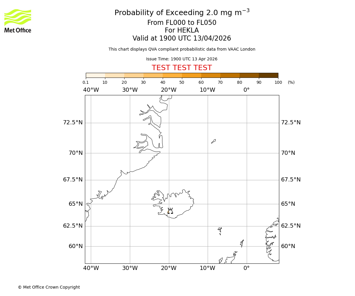 Probability of exceeding 2.0 milligrams per metre cubed. From 000 to 050 for HEKLA. Valid at 1900 UTC 13/04/2026