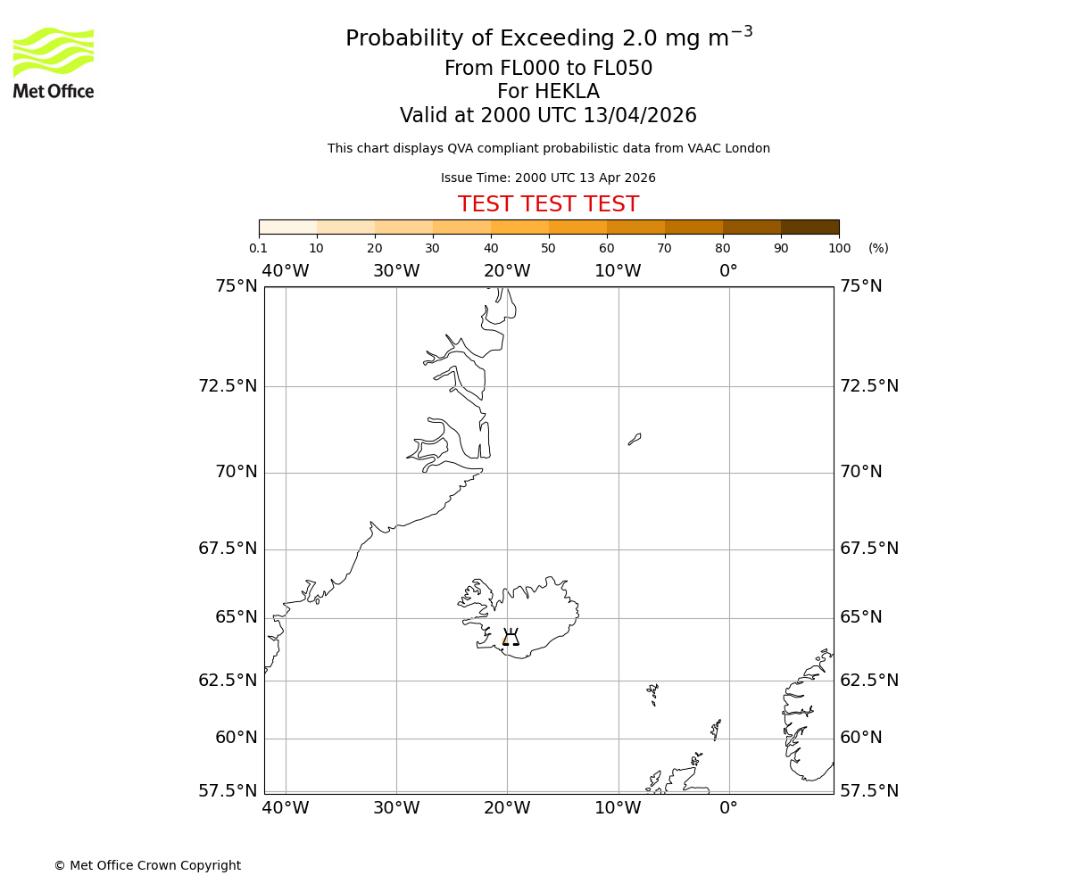 Probability of exceeding 2.0 milligrams per metre cubed. From 000 to 050 for HEKLA. Valid at 2000 UTC 13/04/2026