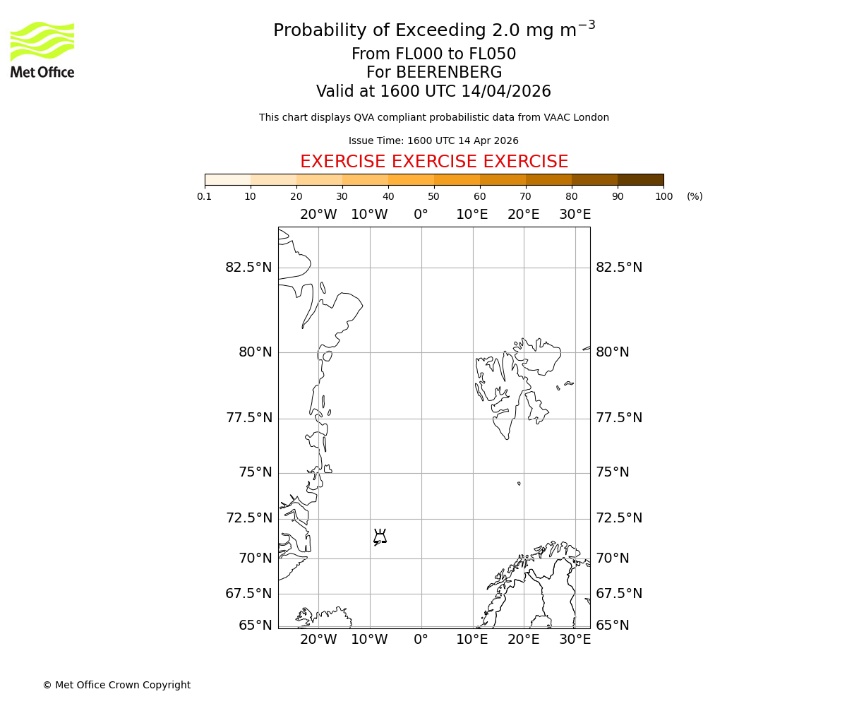 Probability of exceeding 2.0 milligrams per metre cubed. From 000 to 050 for BEERENBERG. Valid at 1600 UTC 14/04/2026