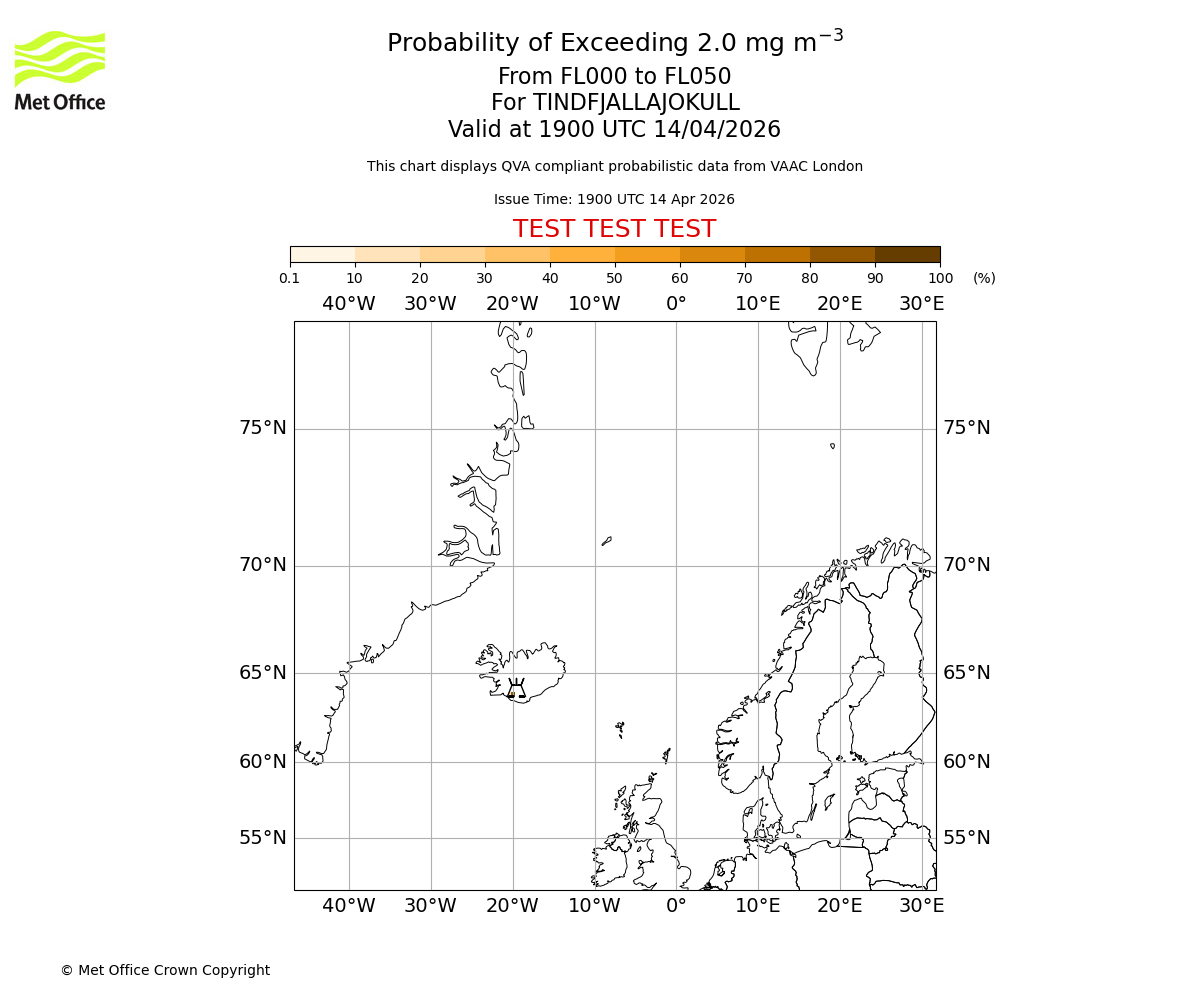 Probability of exceeding 2.0 milligrams per metre cubed. From 000 to 050 for TINDFJALLAJOKULL. Valid at 1900 UTC 14/04/2026