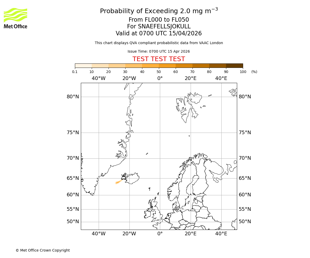 Probability of exceeding 2.0 milligrams per metre cubed. From 000 to 050 for SNAEFELLSJOKULL. Valid at 0700 UTC 15/04/2026