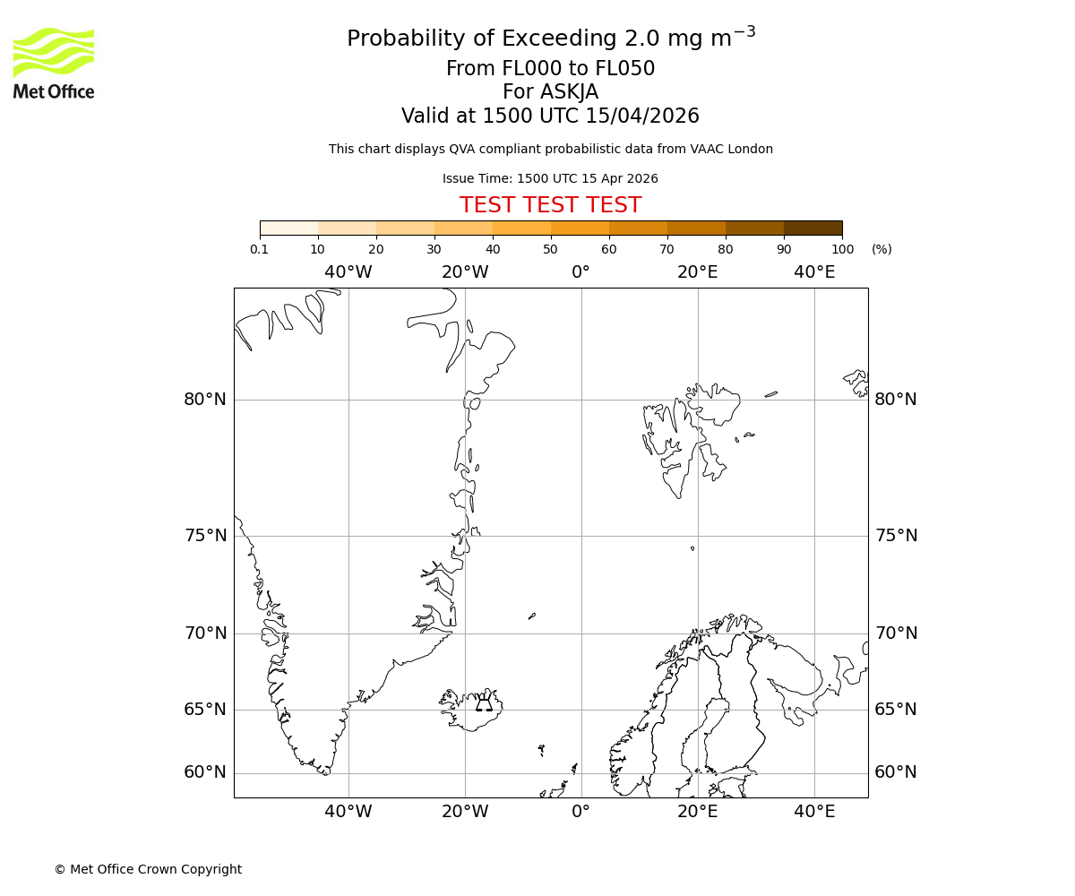 Probability of exceeding 2.0 milligrams per metre cubed. From 000 to 050 for ASKJA. Valid at 1500 UTC 15/04/2026