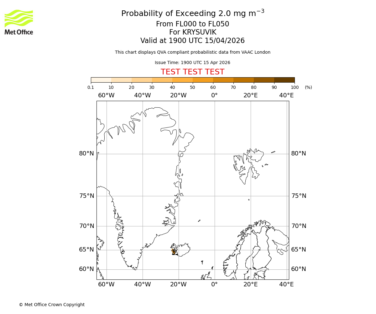 Probability of exceeding 2.0 milligrams per metre cubed. From 000 to 050 for KRYSUVIK. Valid at 1900 UTC 15/04/2026