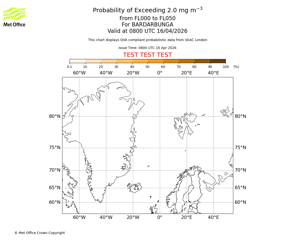 Probability of exceeding 2.0 milligrams per metre cubed. From 000 to 050 for BARDARBUNGA. Valid at 0800 UTC 16/04/2026