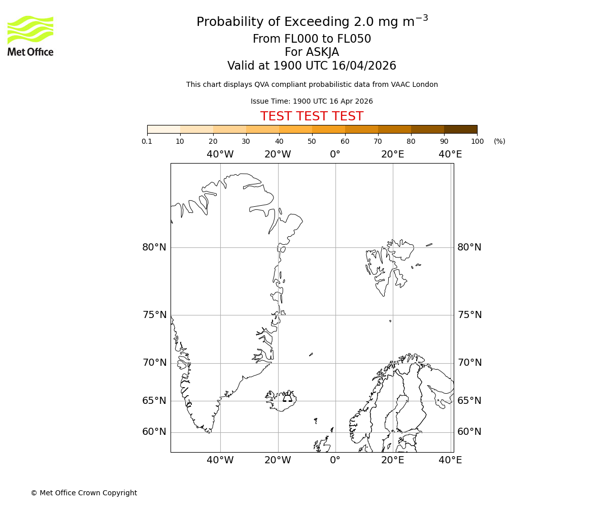 Probability of exceeding 2.0 milligrams per metre cubed. From 000 to 050 for ASKJA. Valid at 1900 UTC 16/04/2026