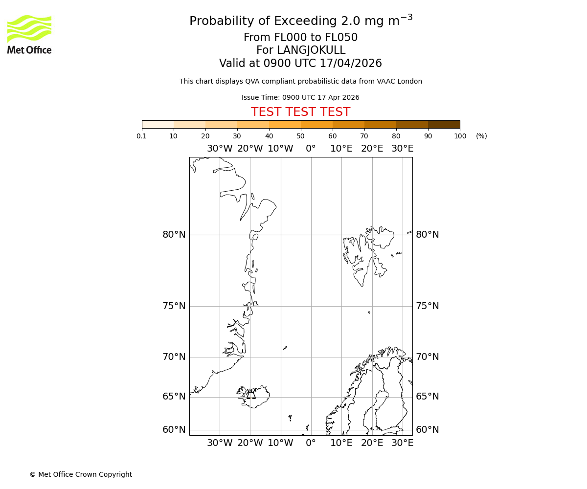 Probability of exceeding 2.0 milligrams per metre cubed. From 000 to 050 for LANGJOKULL. Valid at 0900 UTC 17/04/2026