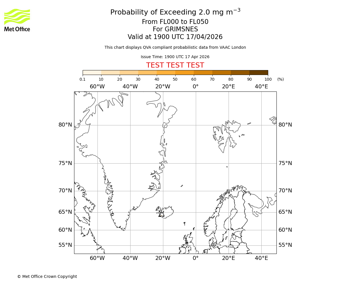 Probability of exceeding 2.0 milligrams per metre cubed. From 000 to 050 for GRIMSNES. Valid at 1900 UTC 17/04/2026