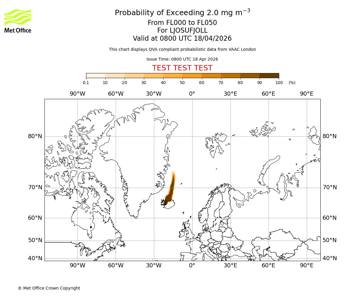 Probability of exceeding 2.0 milligrams per metre cubed. From 000 to 050 for LJOSUFJOLL. Valid at 0800 UTC 18/04/2026