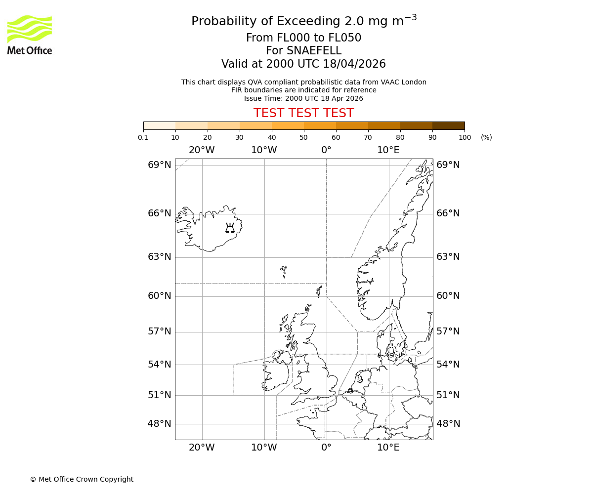 Probability of exceeding 2.0 milligrams per metre cubed. From 000 to 050 for SNAEFELL. Valid at 2000 UTC 18/04/2026