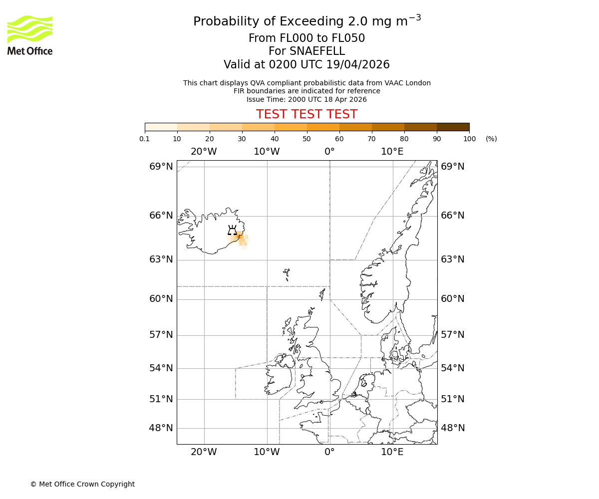Probability of exceeding 2.0 milligrams per metre cubed. From 000 to 050 for SNAEFELL. Valid at 0200 UTC 19/04/2026