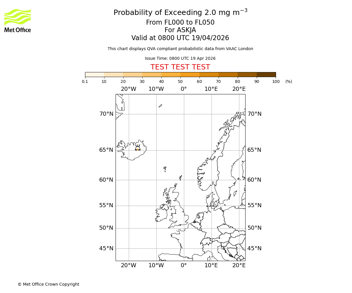 Probability of exceeding 2.0 milligrams per metre cubed. From 000 to 050 for ASKJA. Valid at 0800 UTC 19/04/2026