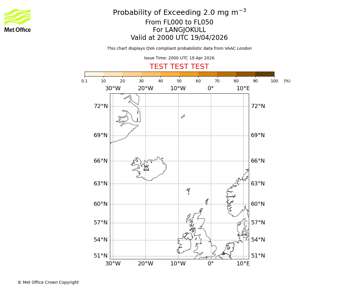 Probability of exceeding 2.0 milligrams per metre cubed. From 000 to 050 for LANGJOKULL. Valid at 2000 UTC 19/04/2026