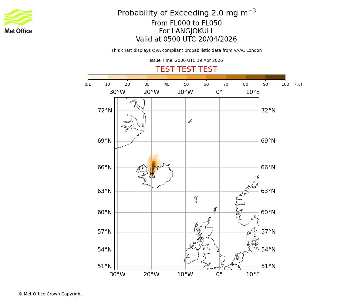 Probability of exceeding 2.0 milligrams per metre cubed. From 000 to 050 for LANGJOKULL. Valid at 0500 UTC 20/04/2026
