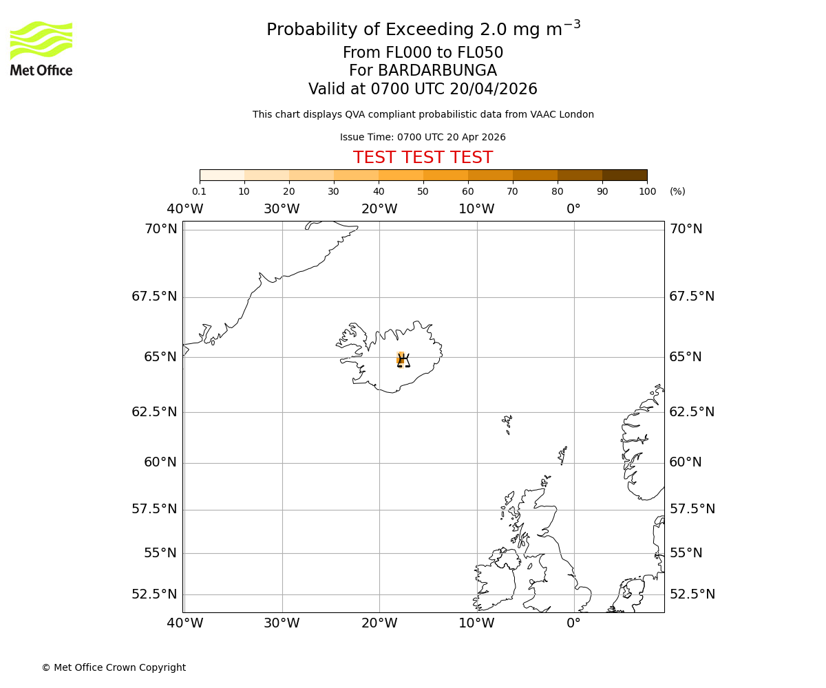 Probability of exceeding 2.0 milligrams per metre cubed. From 000 to 050 for BARDARBUNGA. Valid at 0700 UTC 20/04/2026