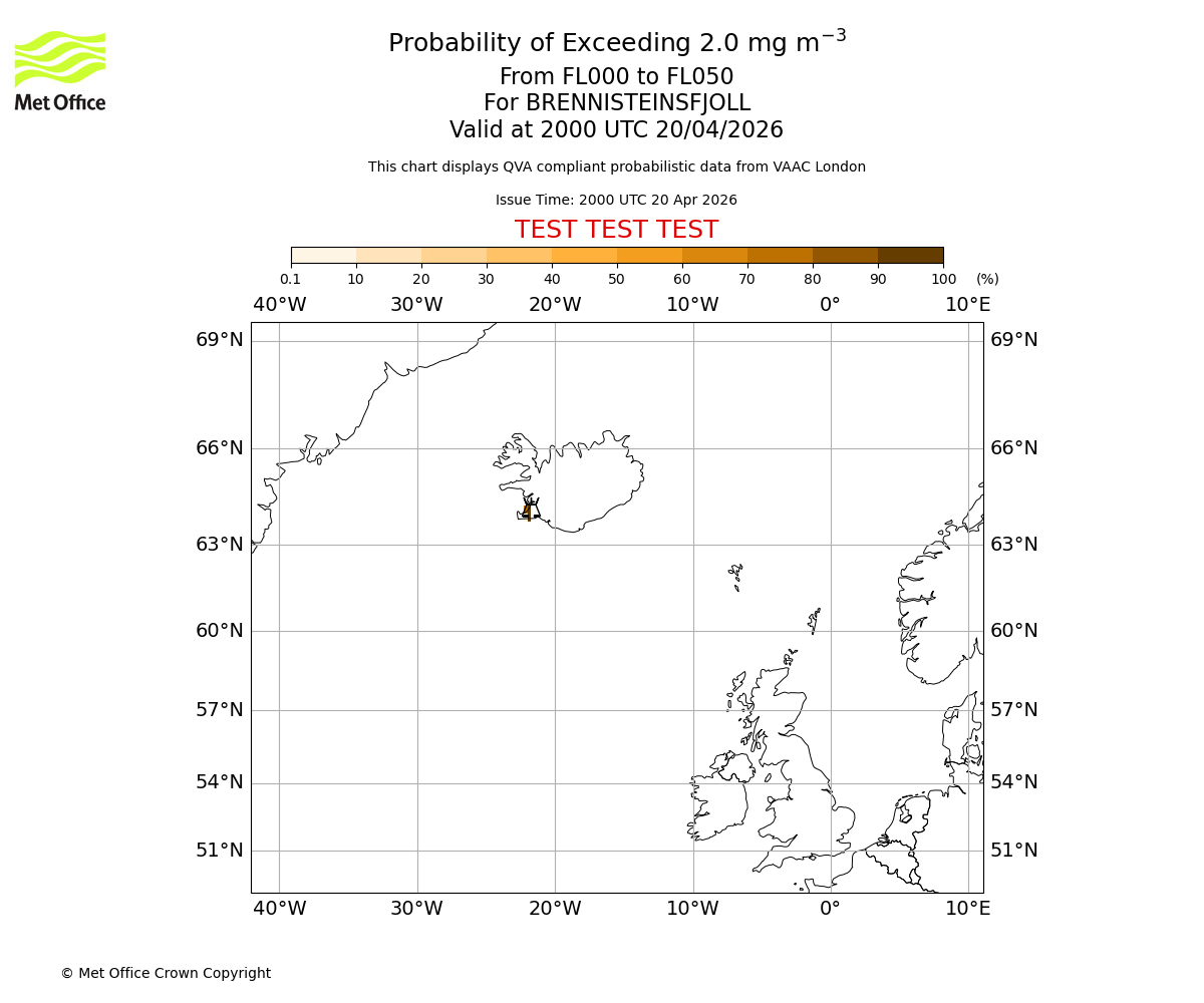 Probability of exceeding 2.0 milligrams per metre cubed. From 000 to 050 for BRENNISTEINSFJOLL. Valid at 2000 UTC 20/04/2026