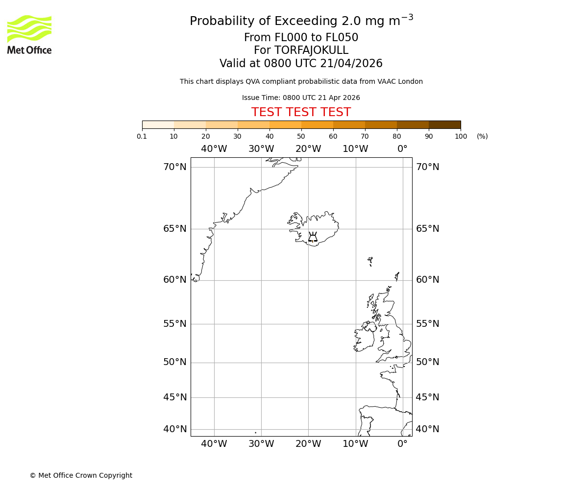 Probability of exceeding 2.0 milligrams per metre cubed. From 000 to 050 for TORFAJOKULL. Valid at 0800 UTC 21/04/2026