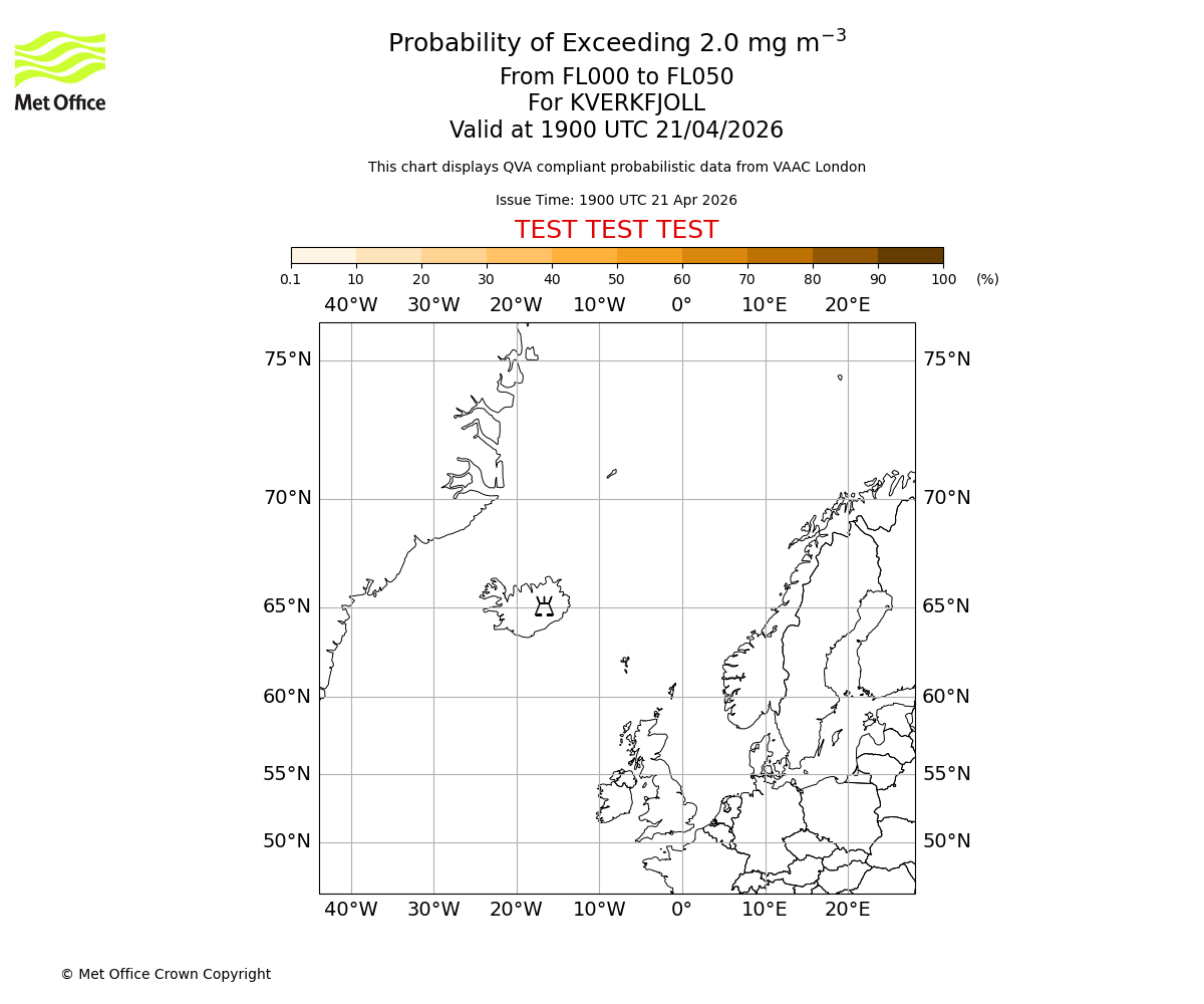 Probability of exceeding 2.0 milligrams per metre cubed. From 000 to 050 for KVERKFJOLL. Valid at 1900 UTC 21/04/2026