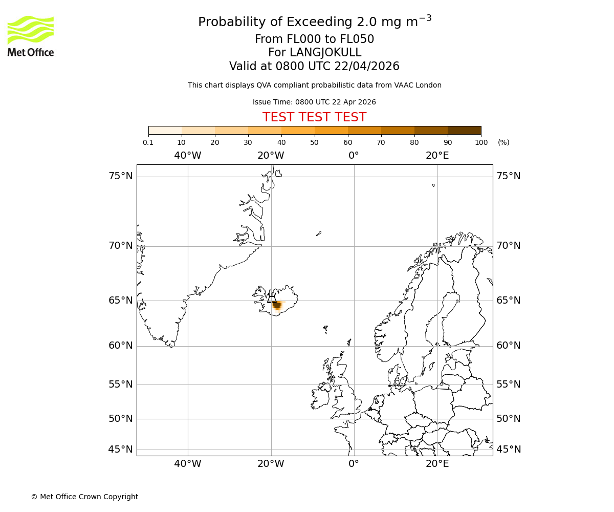 Probability of exceeding 2.0 milligrams per metre cubed. From 000 to 050 for LANGJOKULL. Valid at 0800 UTC 22/04/2026
