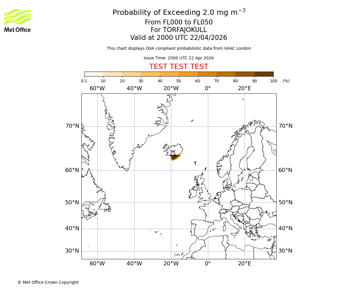 Probability of exceeding 2.0 milligrams per metre cubed. From 000 to 050 for TORFAJOKULL. Valid at 2000 UTC 22/04/2026