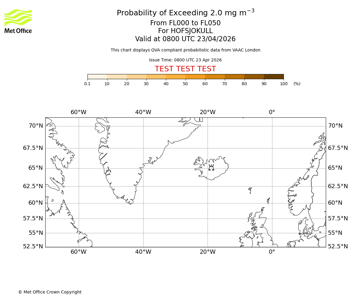 Probability of exceeding 2.0 milligrams per metre cubed. From 000 to 050 for HOFSJOKULL. Valid at 0800 UTC 23/04/2026