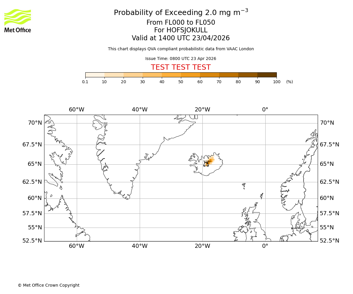 Probability of exceeding 2.0 milligrams per metre cubed. From 000 to 050 for HOFSJOKULL. Valid at 1400 UTC 23/04/2026