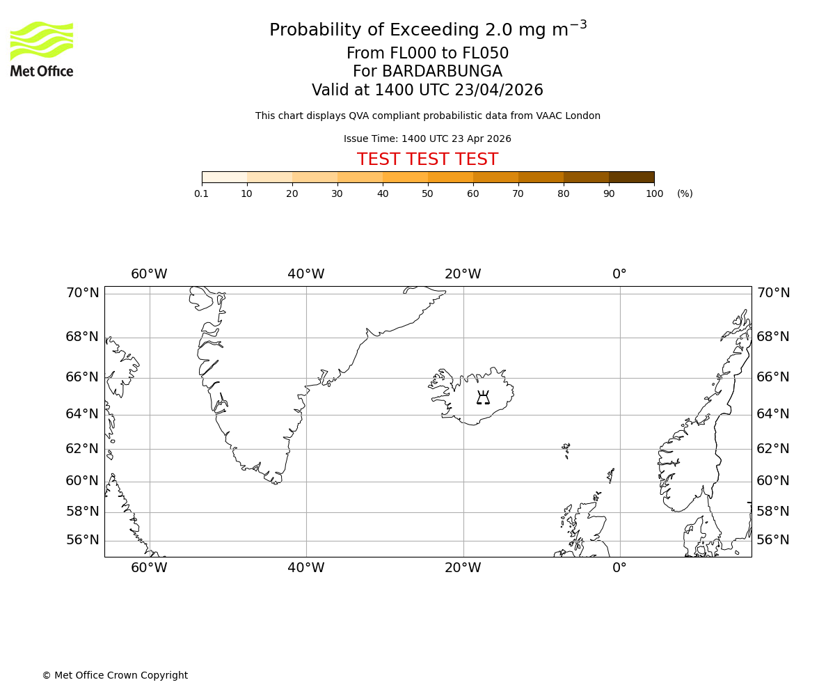 Probability of exceeding 2.0 milligrams per metre cubed. From 000 to 050 for BARDARBUNGA. Valid at 1400 UTC 23/04/2026