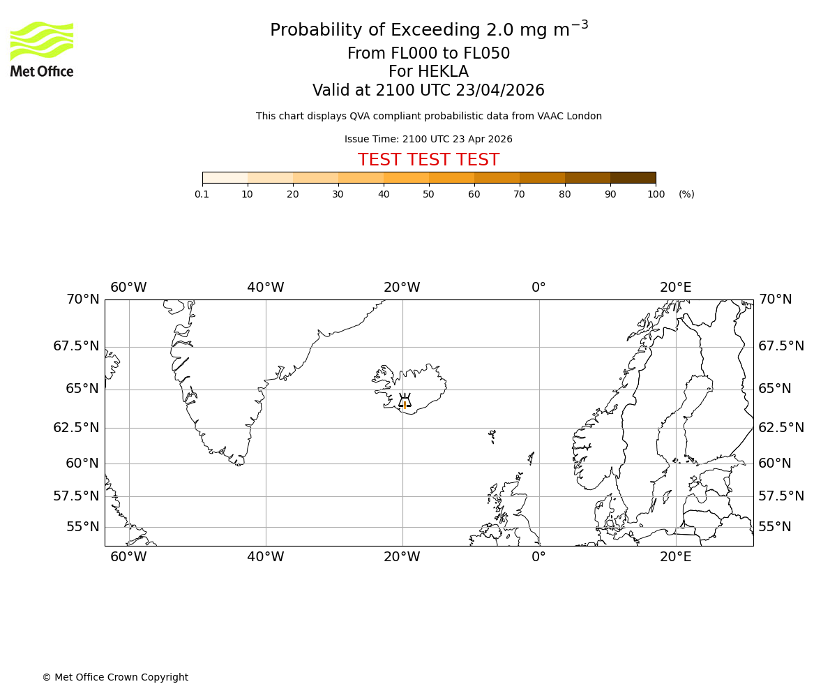 Probability of exceeding 2.0 milligrams per metre cubed. From 000 to 050 for HEKLA. Valid at 2100 UTC 23/04/2026