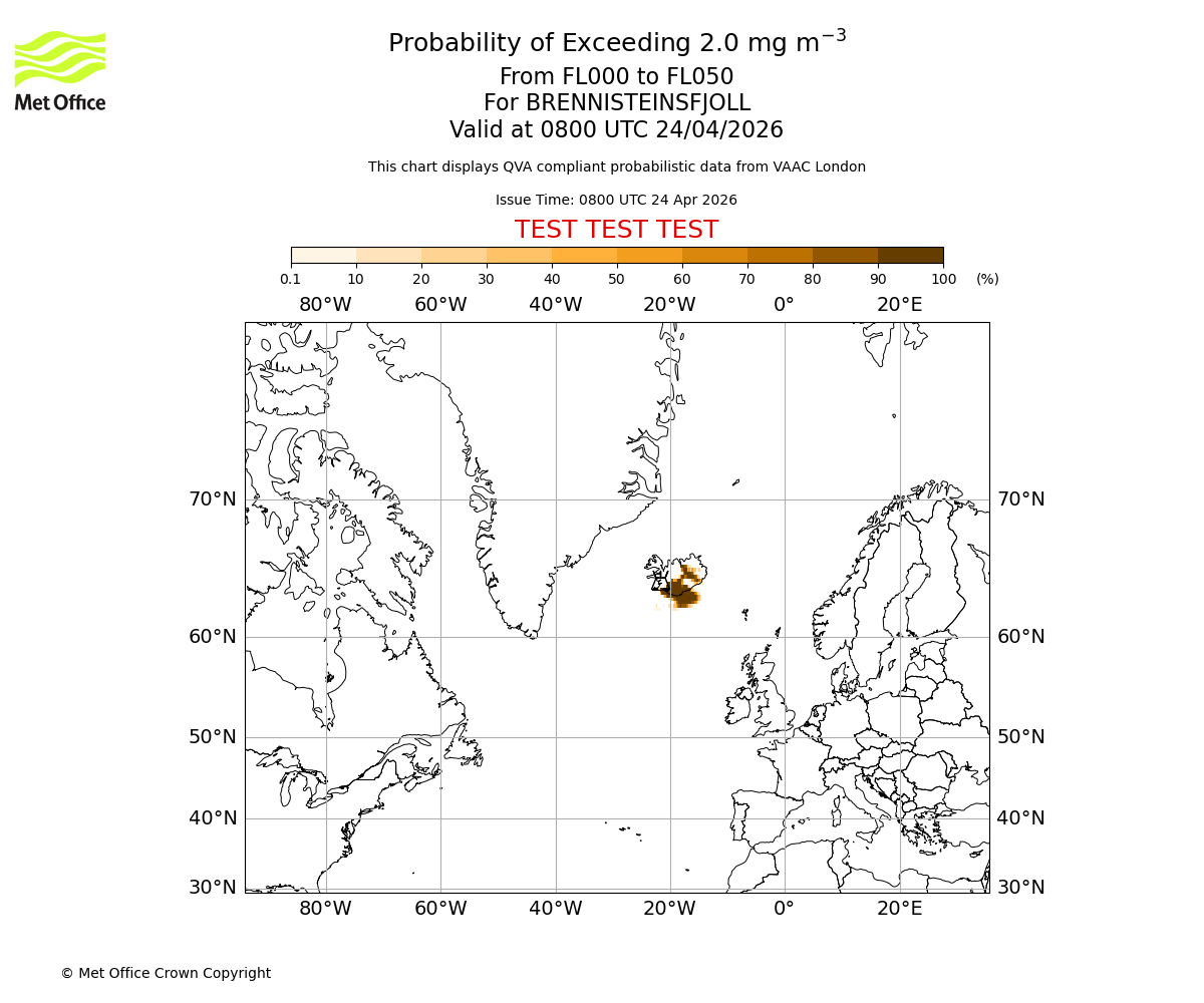 Probability of exceeding 2.0 milligrams per metre cubed. From 000 to 050 for BRENNISTEINSFJOLL. Valid at 0800 UTC 24/04/2026