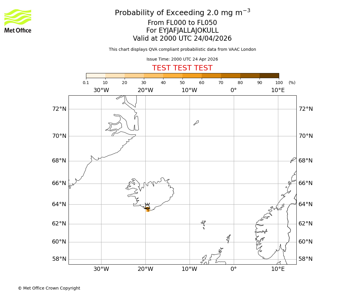 Probability of exceeding 2.0 milligrams per metre cubed. From 000 to 050 for EYJAFJALLAJOKULL. Valid at 2000 UTC 24/04/2026