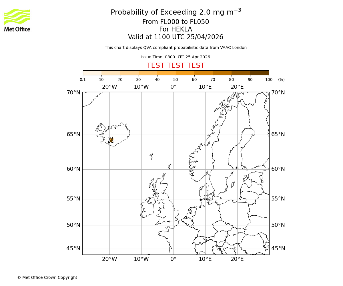 Probability of exceeding 2.0 milligrams per metre cubed. From 000 to 050 for HEKLA. Valid at 1100 UTC 25/04/2026