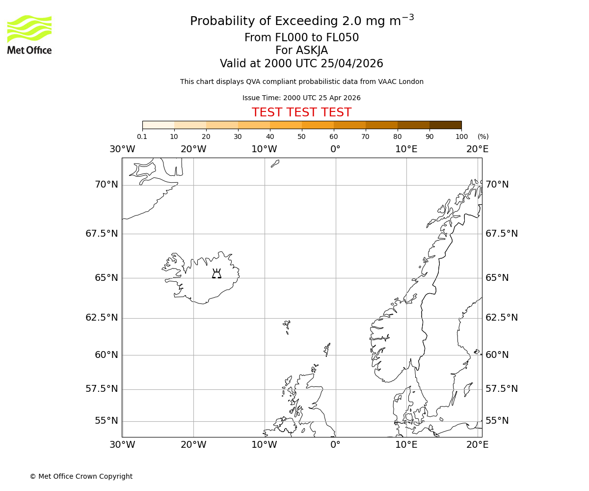 Probability of exceeding 2.0 milligrams per metre cubed. From 000 to 050 for ASKJA. Valid at 2000 UTC 25/04/2026
